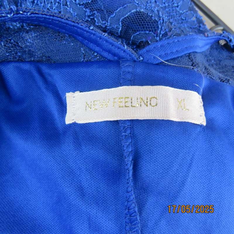 Royal blue acrylic lace sequined polyester stretch lined long evening dress. Size 37