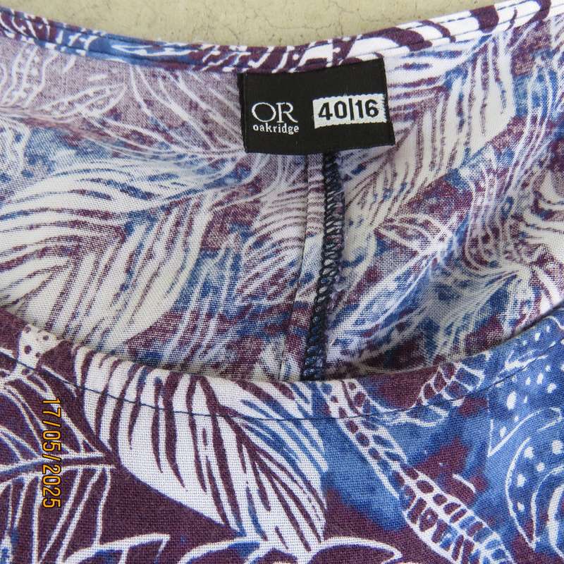 OR plum-blue shift under knee viscose dress with white leaf. Size 40