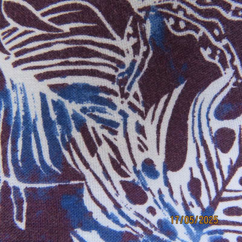 OR plum-blue shift under knee viscose dress with white leaf. Size 40