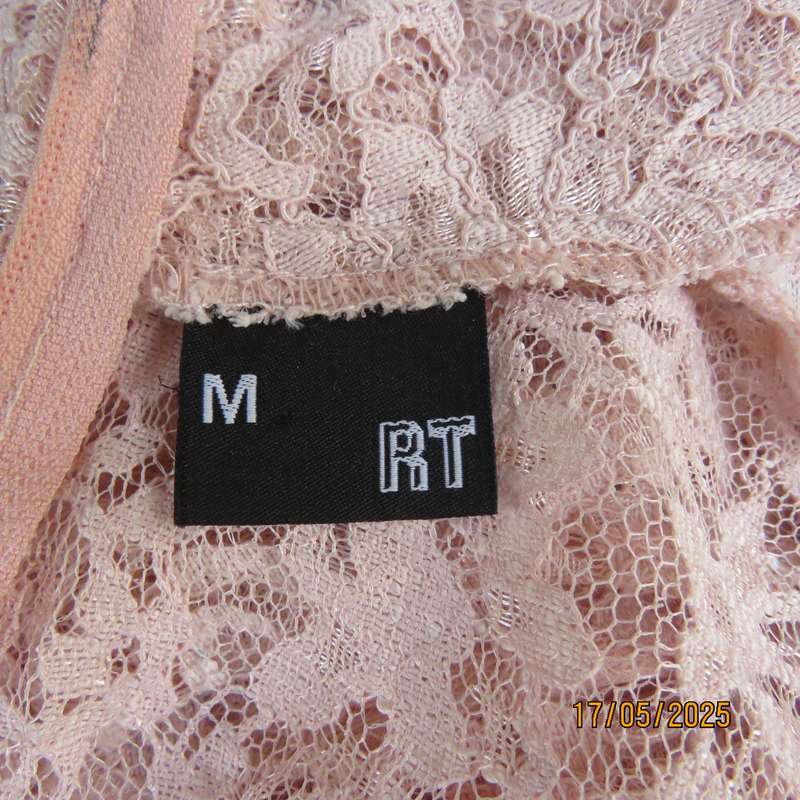 RT pale peach polyester lace mini dress with stretch poly lining. Size 32. Pleated bottom