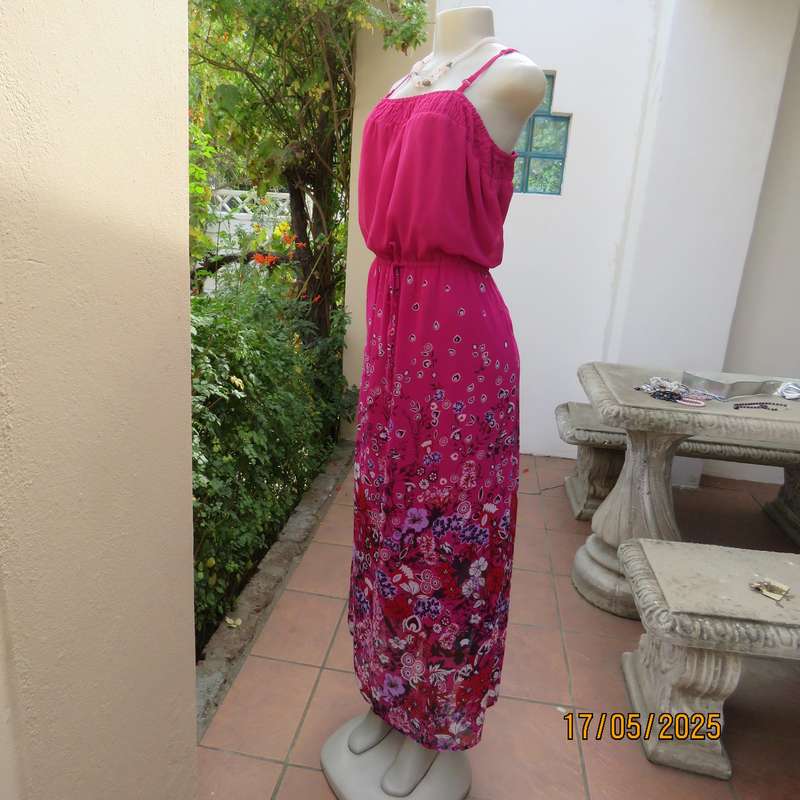 A WOMAN long punch pink fully lined sheer polyester dress. Size 40-42. Floral border