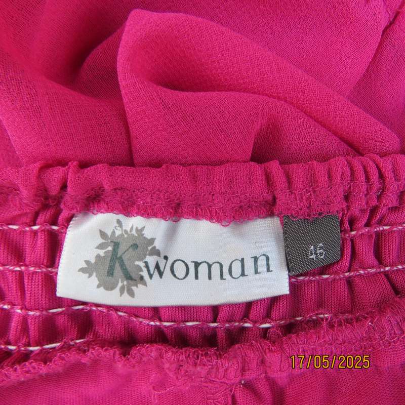 A WOMAN long punch pink fully lined sheer polyester dress. Size 40-42. Floral border