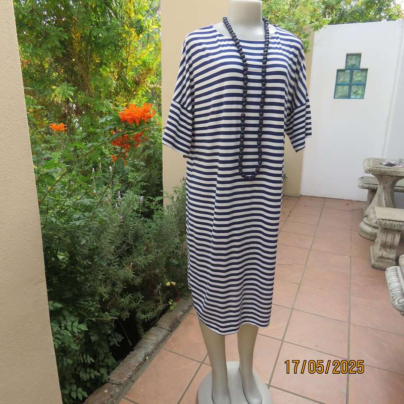 EXACT soft polyester stretch slip over white-navy horizontal striped dress. Size 40-42