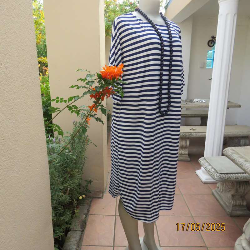 EXACT soft polyester stretch slip over white-navy horizontal striped dress. Size 40-42