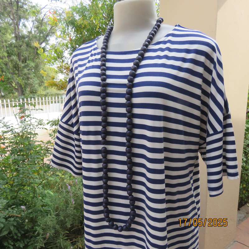 EXACT soft polyester stretch slip over white-navy horizontal striped dress. Size 40-42