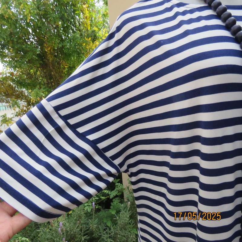 EXACT soft polyester stretch slip over white-navy horizontal striped dress. Size 40-42