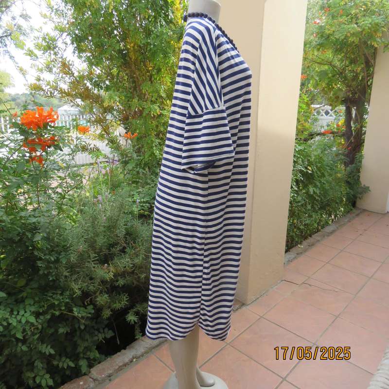 EXACT soft polyester stretch slip over white-navy horizontal striped dress. Size 40-42