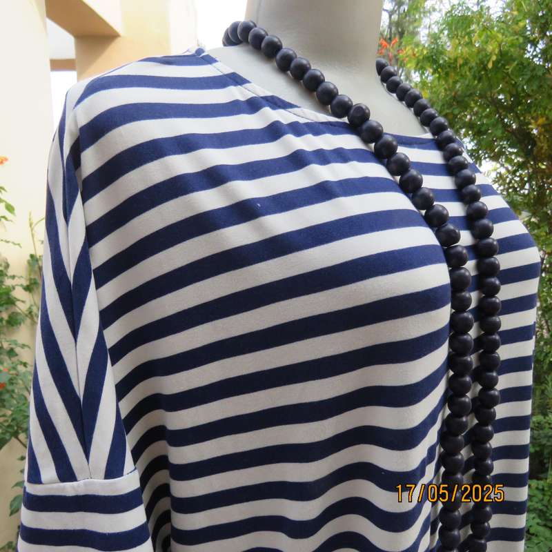 EXACT soft polyester stretch slip over white-navy horizontal striped dress. Size 40-42