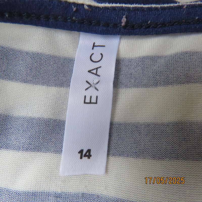 EXACT soft polyester stretch slip over white-navy horizontal striped dress. Size 40-42