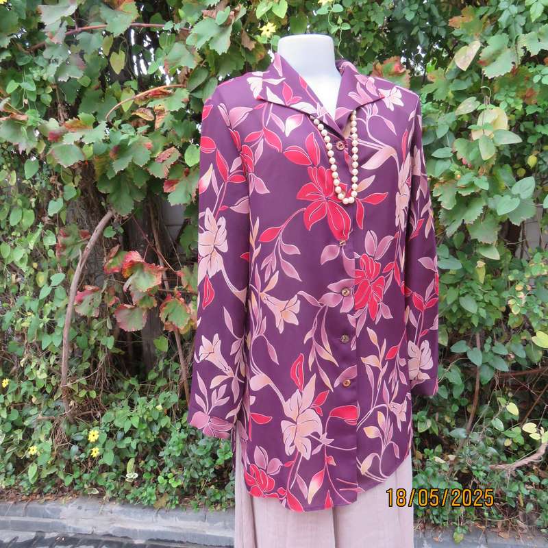 MERIEN HALL  long cuffed sleeve red wine colour button down top. Rust-ecru flowers. Size 38