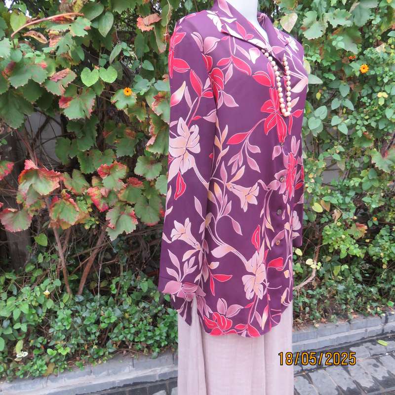 MERIEN HALL  long cuffed sleeve red wine colour button down top. Rust-ecru flowers. Size 38