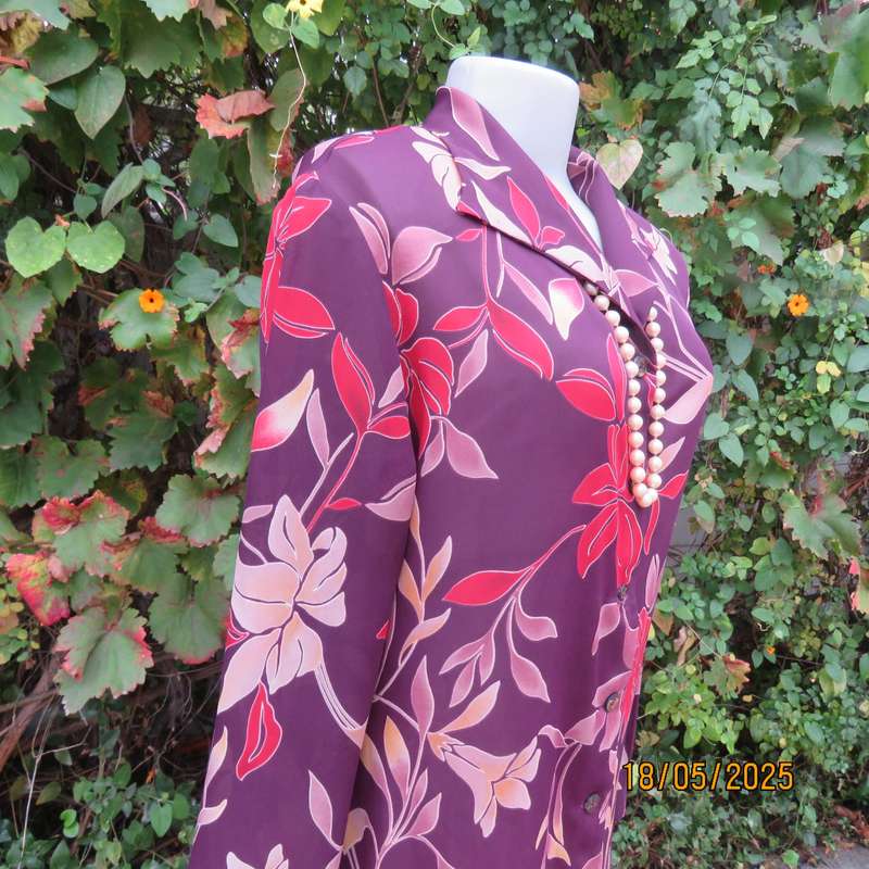 MERIEN HALL  long cuffed sleeve red wine colour button down top. Rust-ecru flowers. Size 38