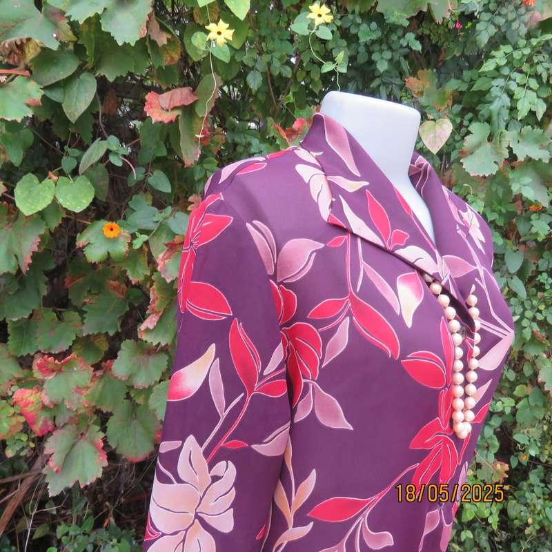 MERIEN HALL  long cuffed sleeve red wine colour button down top. Rust-ecru flowers. Size 38