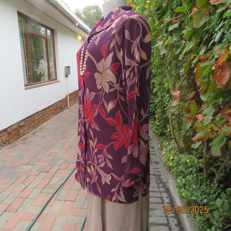 MERIEN HALL  long cuffed sleeve red wine colour button down top. Rust-ecru flowers. Size 38