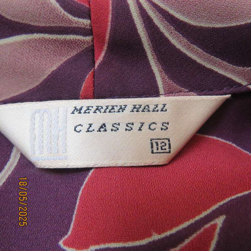 MERIEN HALL  long cuffed sleeve red wine colour button down top. Rust-ecru flowers. Size 38