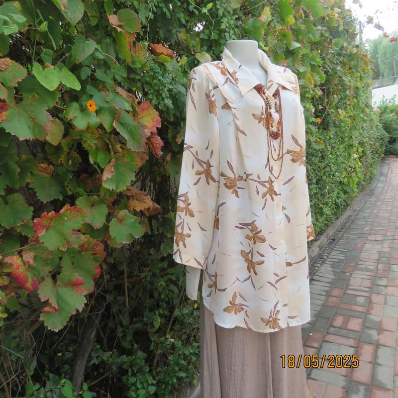 PENNY C rich cream with brown floral pattern long sleeve top. Size 48-50