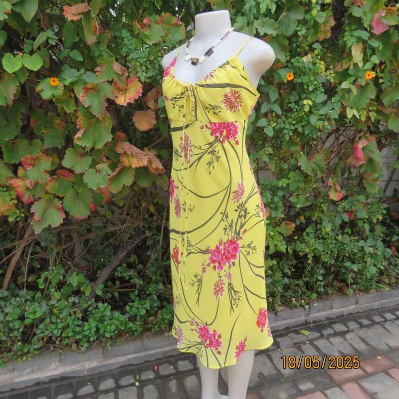 FOSHINI buttercup yellow strappy dress with pink-brown flowers. Sheer polyester-lined. Size 34
