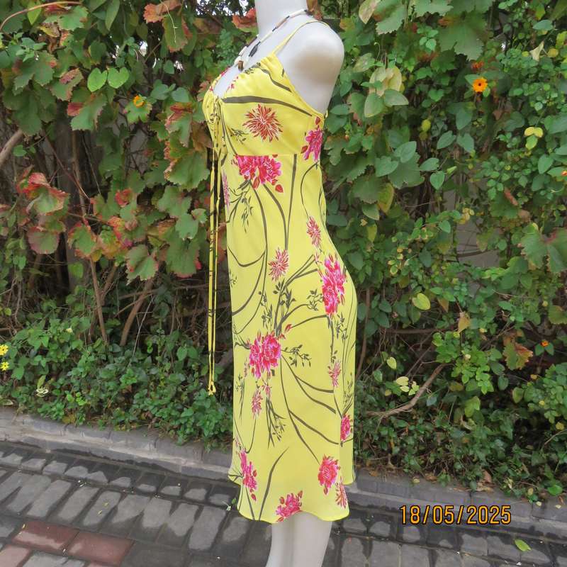 FOSHINI buttercup yellow strappy dress with pink-brown flowers. Sheer polyester-lined. Size 34