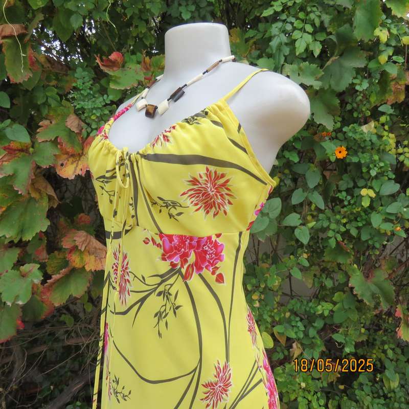 FOSHINI buttercup yellow strappy dress with pink-brown flowers. Sheer polyester-lined. Size 34