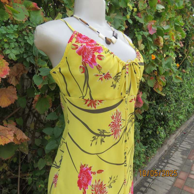 FOSHINI buttercup yellow strappy dress with pink-brown flowers. Sheer polyester-lined. Size 34