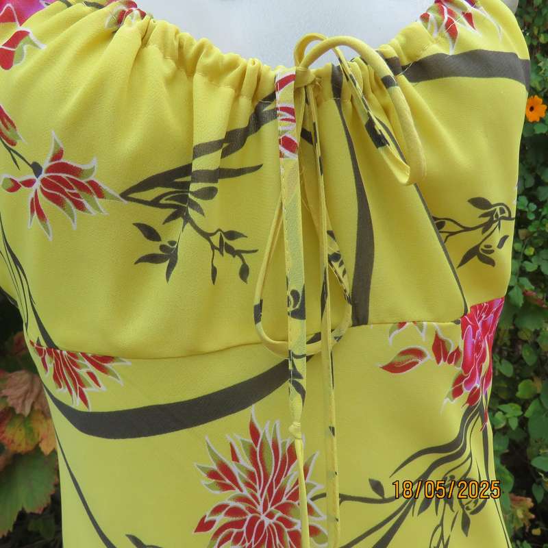 FOSHINI buttercup yellow strappy dress with pink-brown flowers. Sheer polyester-lined. Size 34