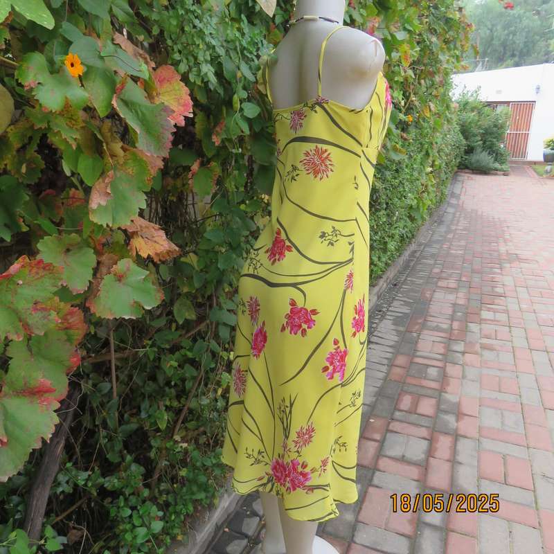 FOSHINI buttercup yellow strappy dress with pink-brown flowers. Sheer polyester-lined. Size 34