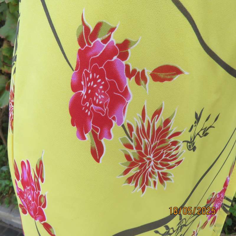 FOSHINI buttercup yellow strappy dress with pink-brown flowers. Sheer polyester-lined. Size 34