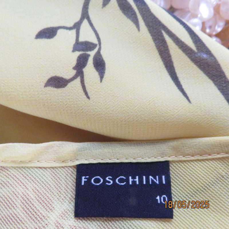 FOSHINI buttercup yellow strappy dress with pink-brown flowers. Sheer polyester-lined. Size 34