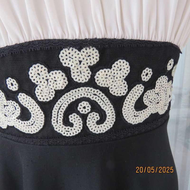 FOSHINI evening strappy dress in black with white sequins and white gathered bust area. Size 36