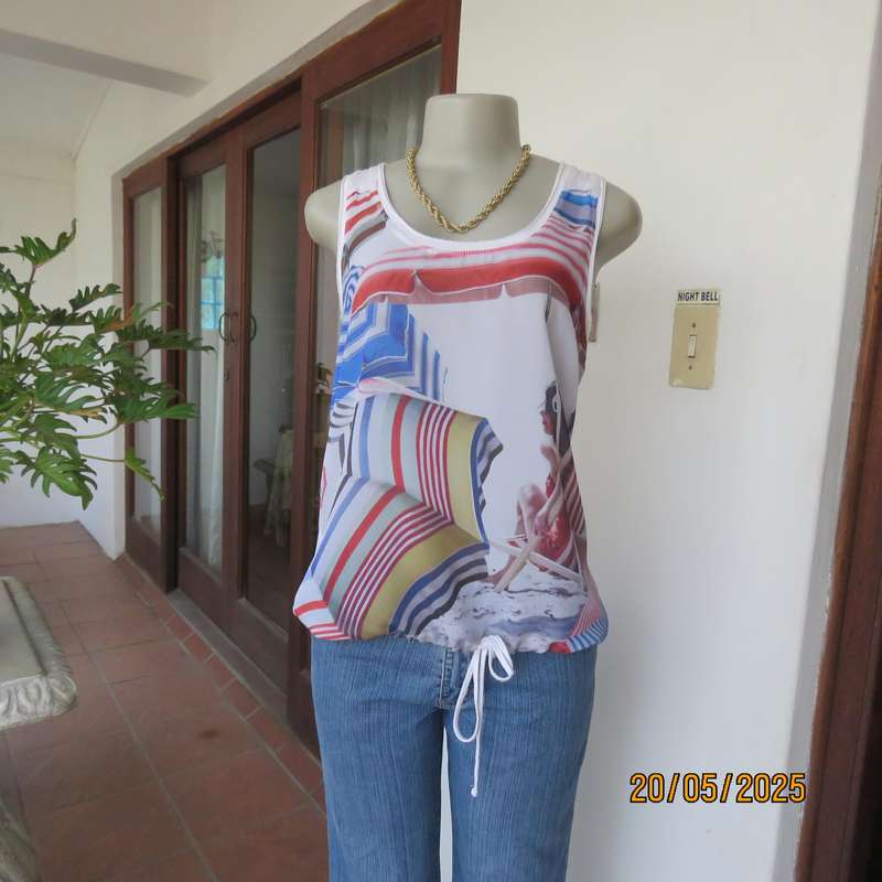 TRUWORTHS cool white sleeveless top with red-blue geometric print. Size 36.
