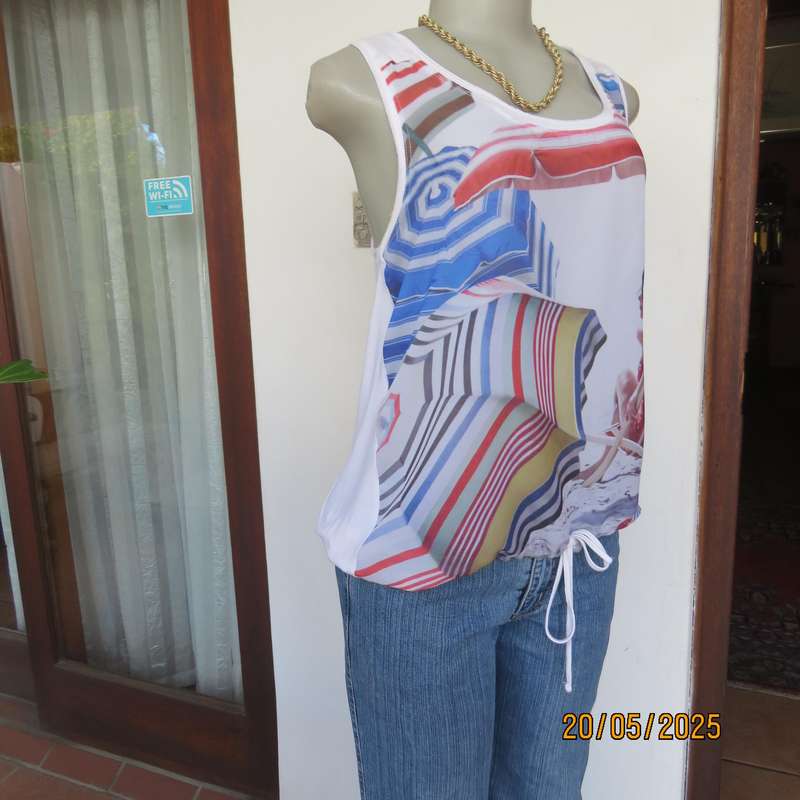 TRUWORTHS cool white sleeveless top with red-blue geometric print. Size 36.