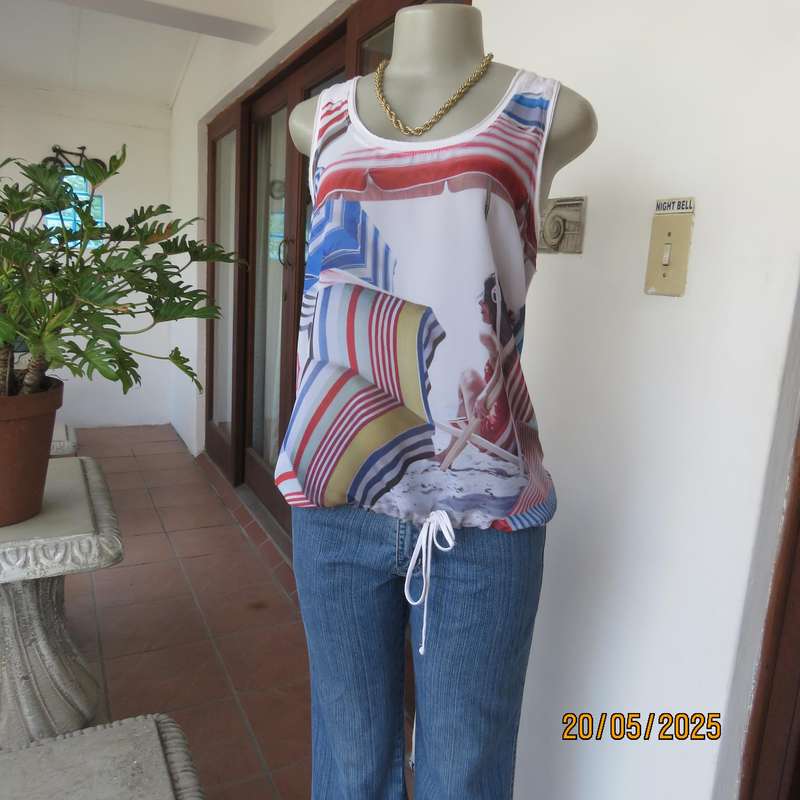 TRUWORTHS cool white sleeveless top with red-blue geometric print. Size 36.