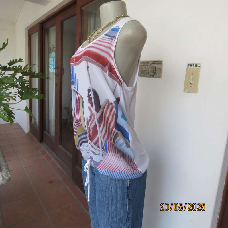 TRUWORTHS cool white sleeveless top with red-blue geometric print. Size 36.