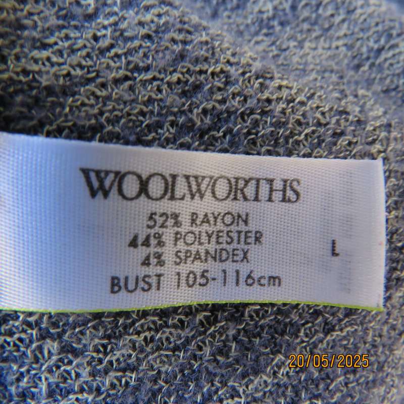 WOOLWORTHS navy-grey slip over long sleeve high-low top. Size 40. Rayon-poly stretch