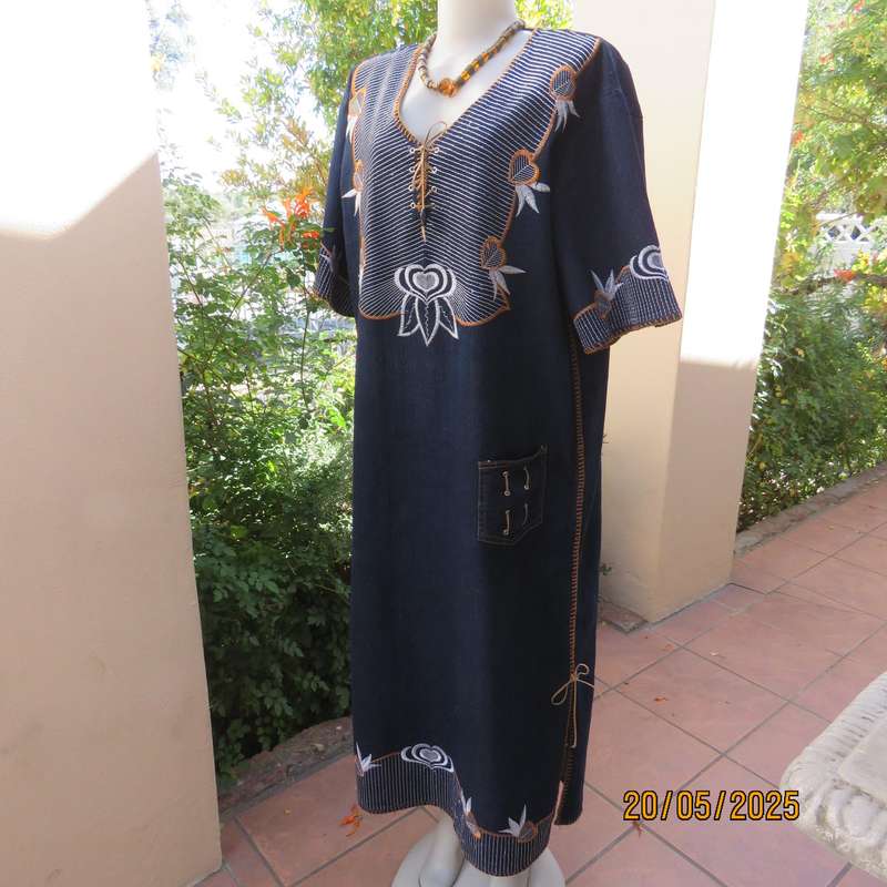 Unique ethnic navy denim cotton stretch long dress with embroidery. Size 42-44