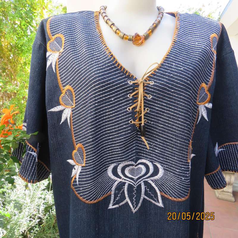Unique ethnic navy denim cotton stretch long dress with embroidery. Size 42-44