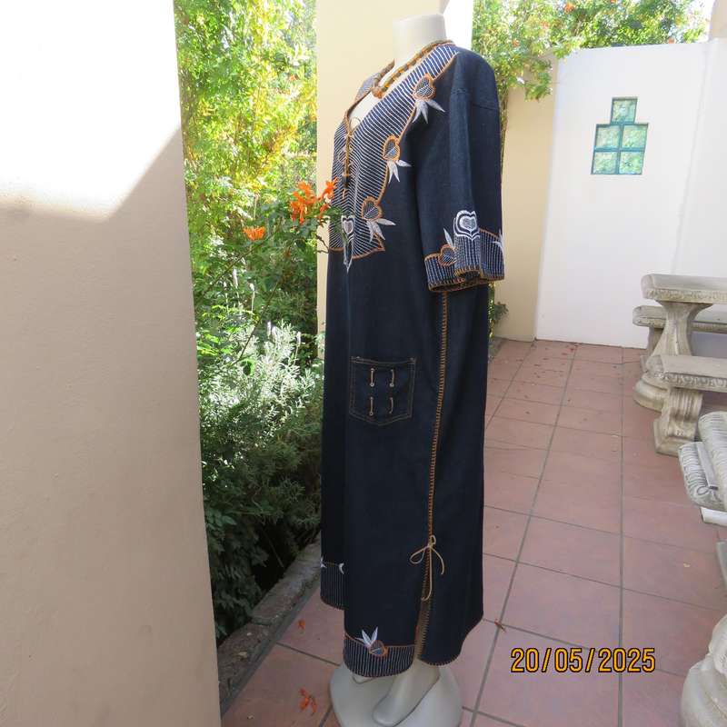 Unique ethnic navy denim cotton stretch long dress with embroidery. Size 42-44