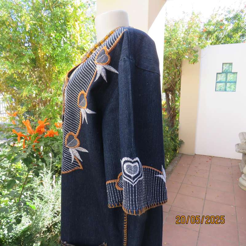 Unique ethnic navy denim cotton stretch long dress with embroidery. Size 42-44