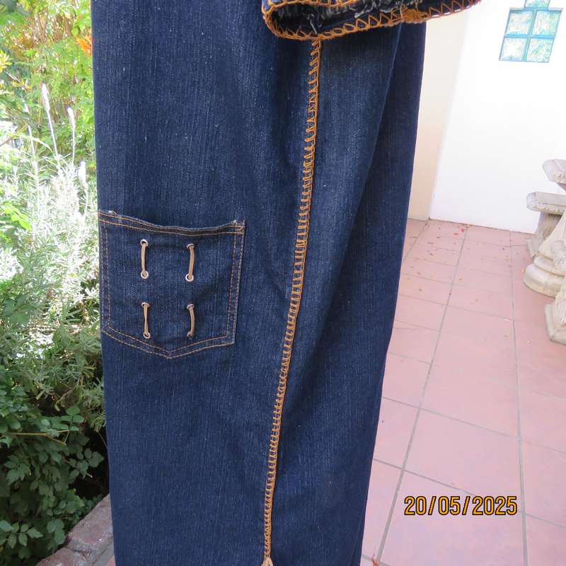 Unique ethnic navy denim cotton stretch long dress with embroidery. Size 42-44