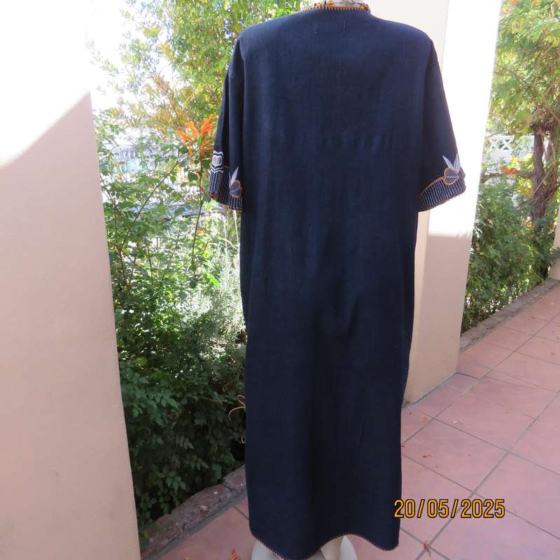 Unique ethnic navy denim cotton stretch long dress with embroidery. Size 42-44