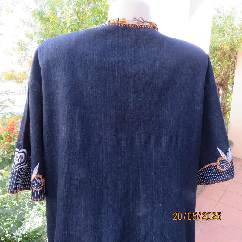 Unique ethnic navy denim cotton stretch long dress with embroidery. Size 42-44