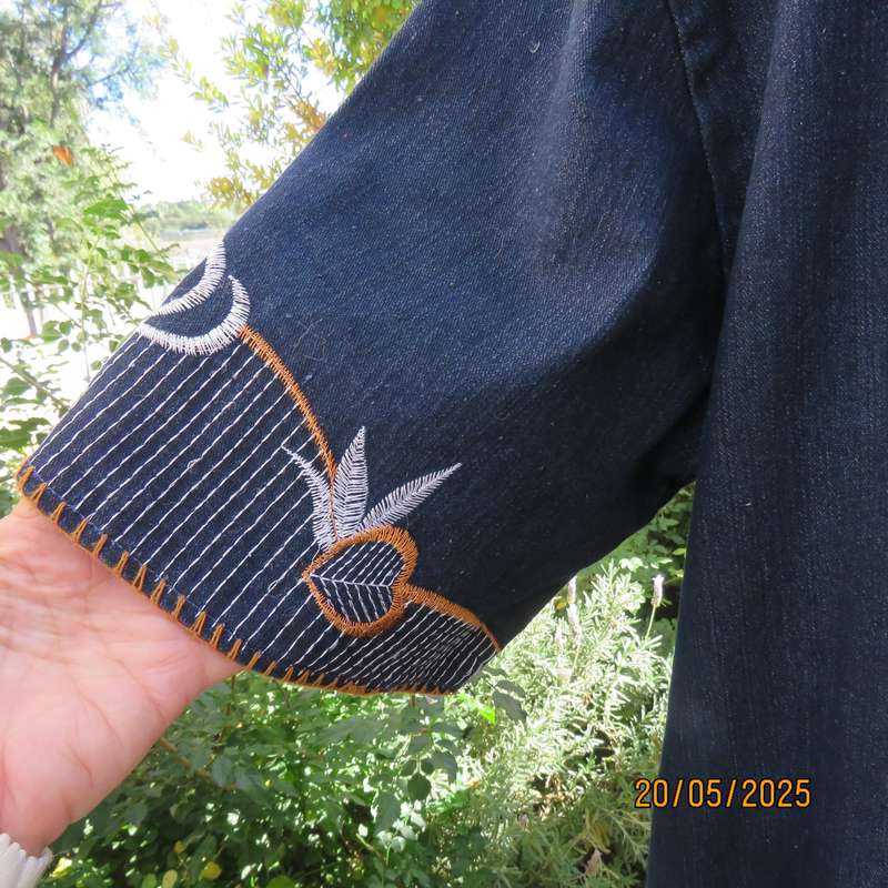 Unique ethnic navy denim cotton stretch long dress with embroidery. Size 42-44