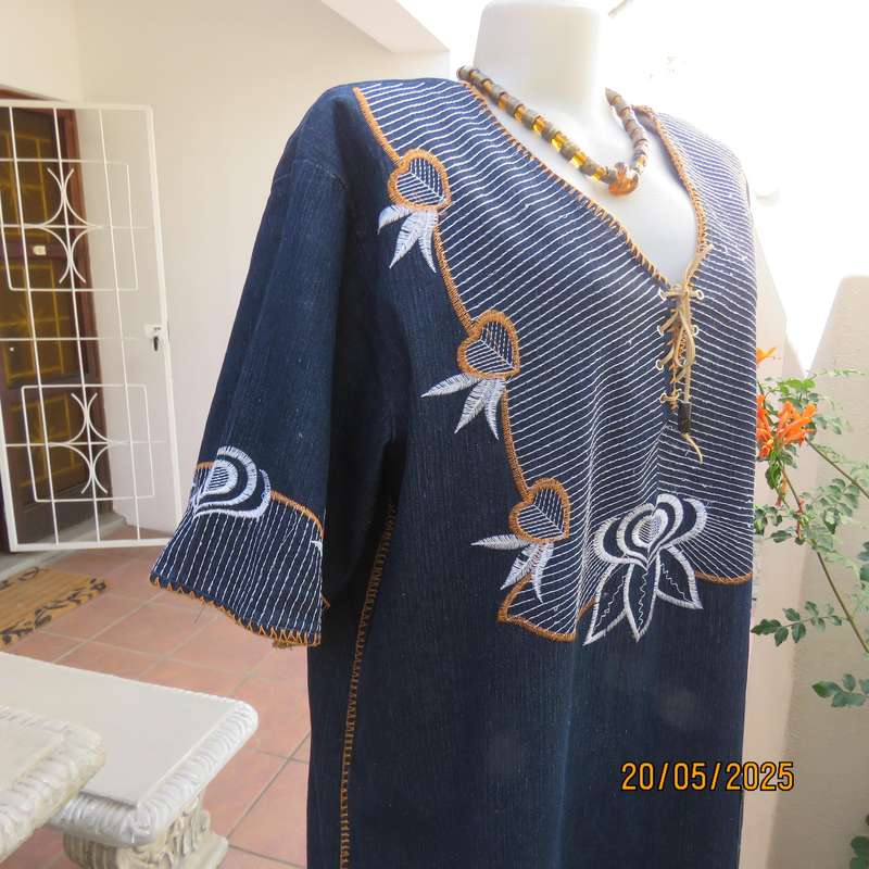 Unique ethnic navy denim cotton stretch long dress with embroidery. Size 42-44