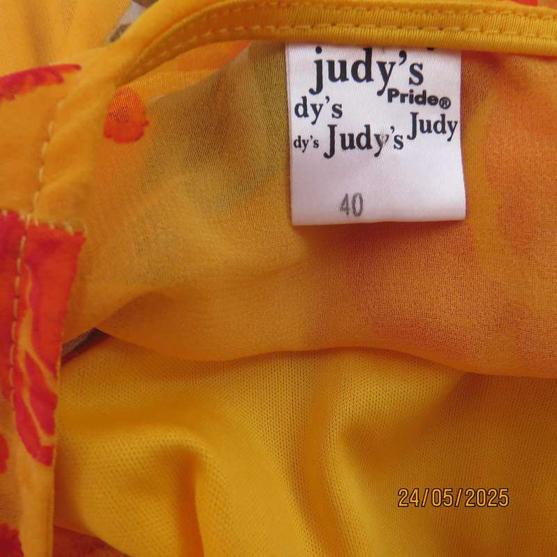 JUDY'S PRIDE vibrant orange slip over permanent pleated lined dress. Crimson flowers. Size 40