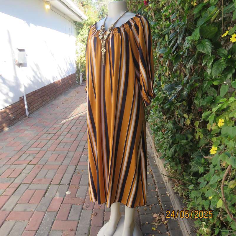 INSPIRE off the shoulder vertical striped viscose ankle length dress in navy-gold-cream. Size 44