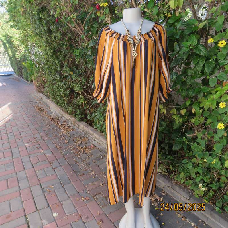 INSPIRE off the shoulder vertical striped viscose ankle length dress in navy-gold-cream. Size 44