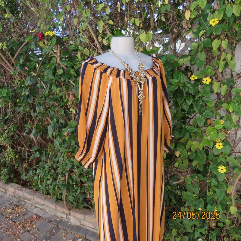 INSPIRE off the shoulder vertical striped viscose ankle length dress in navy-gold-cream. Size 44