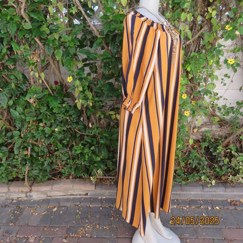 INSPIRE off the shoulder vertical striped viscose ankle length dress in navy-gold-cream. Size 44