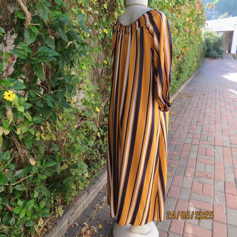 INSPIRE off the shoulder vertical striped viscose ankle length dress in navy-gold-cream. Size 44