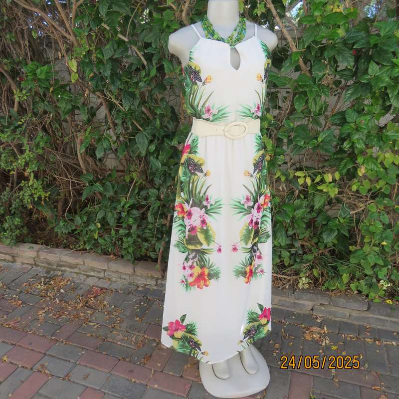 Ankle length long white sheer polyester cheerful floral strappy dress. Lined. Size 32.